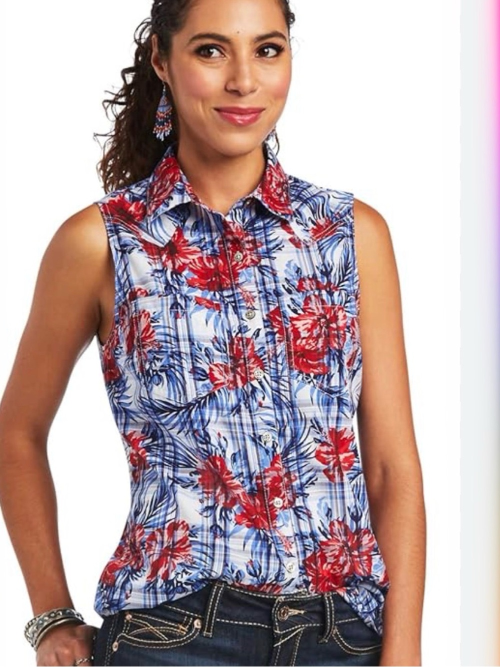 Ariat Sleeveless Floral Plaid Button-Front Top - Red & Blue
